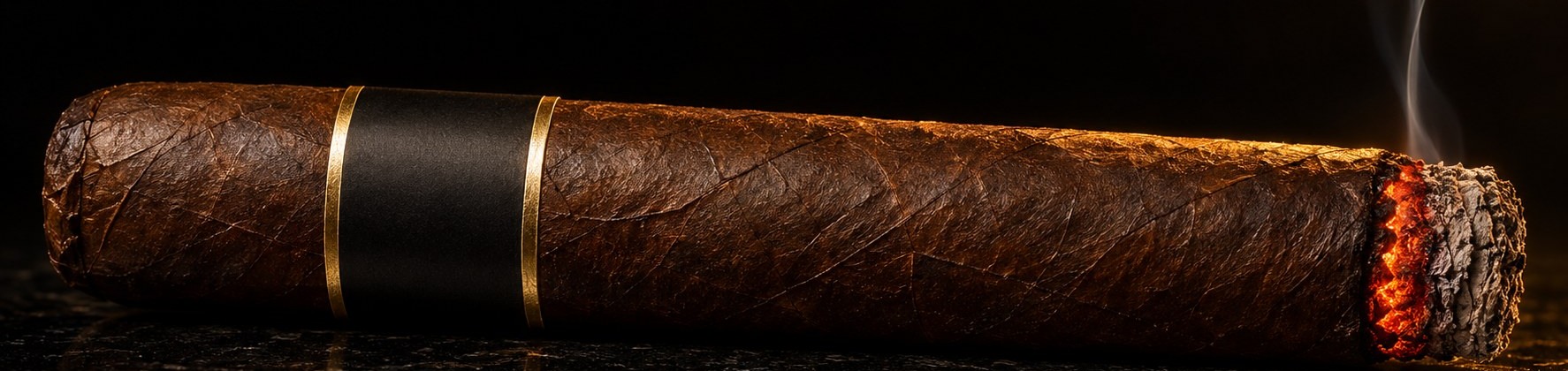 A lit cigar resting on black stone, its ember glowing.