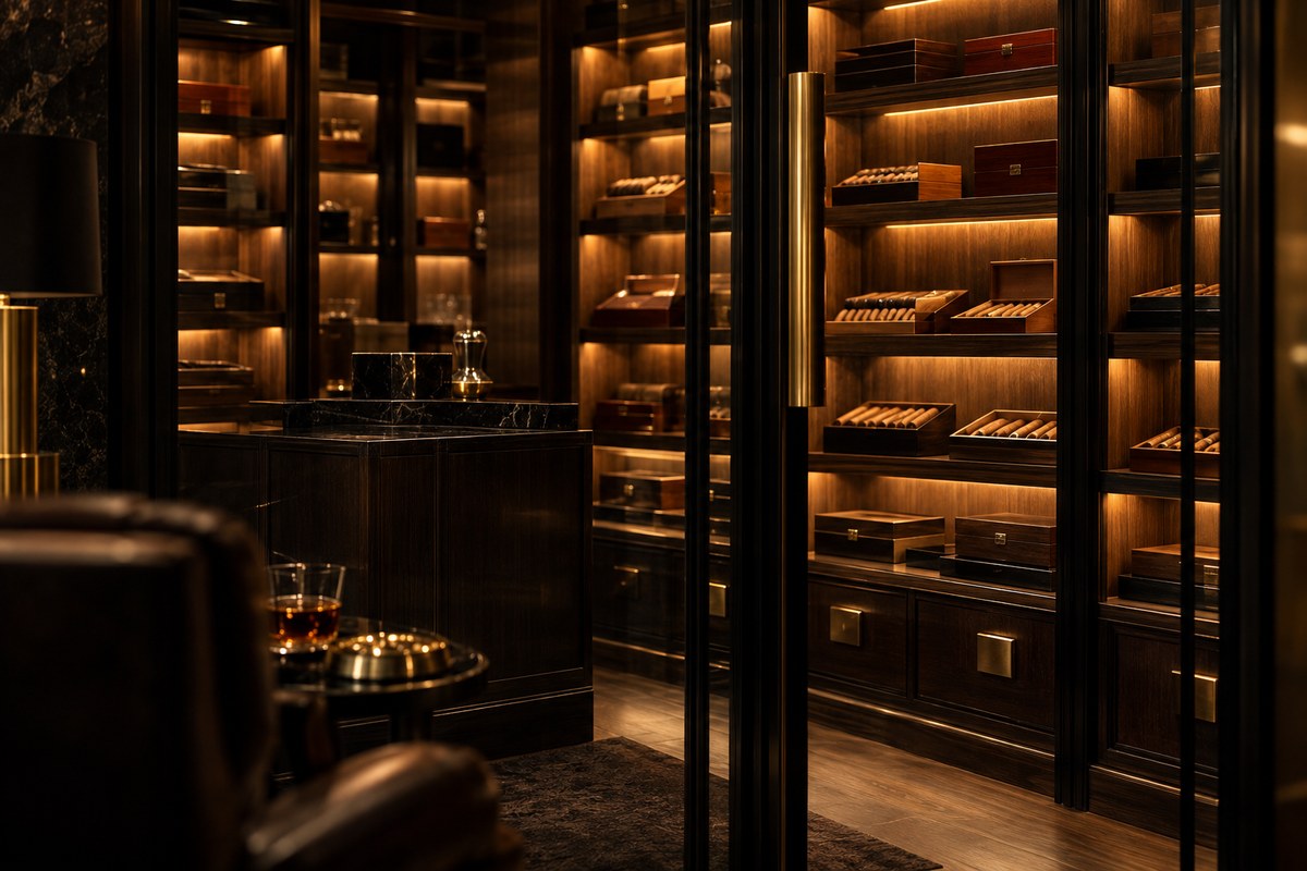 A cedar humidor wall lit from behind each shelf.