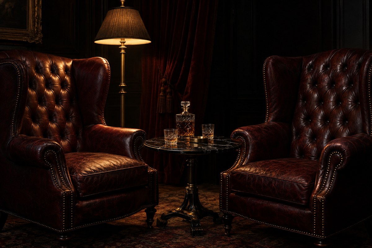 Two oxblood leather wing chairs under a brass lamp.