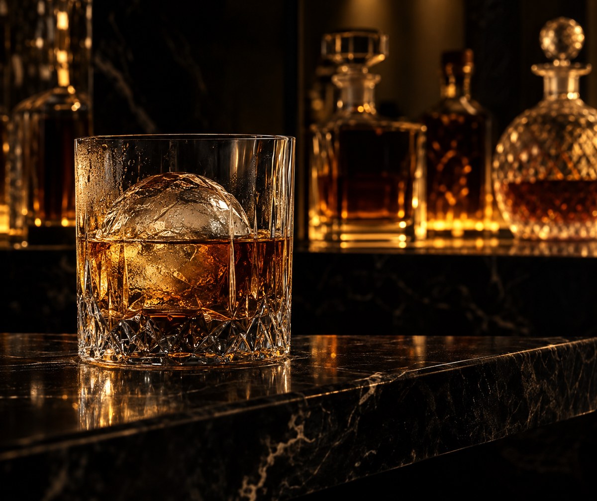 A crystal glass of bourbon over a single ice sphere.